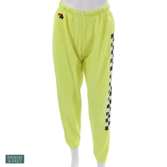 Aviator Nation Neon Yellow Checkered Stripe Sweatpants Jogger Retro Rare Small - Picture 6 of 16